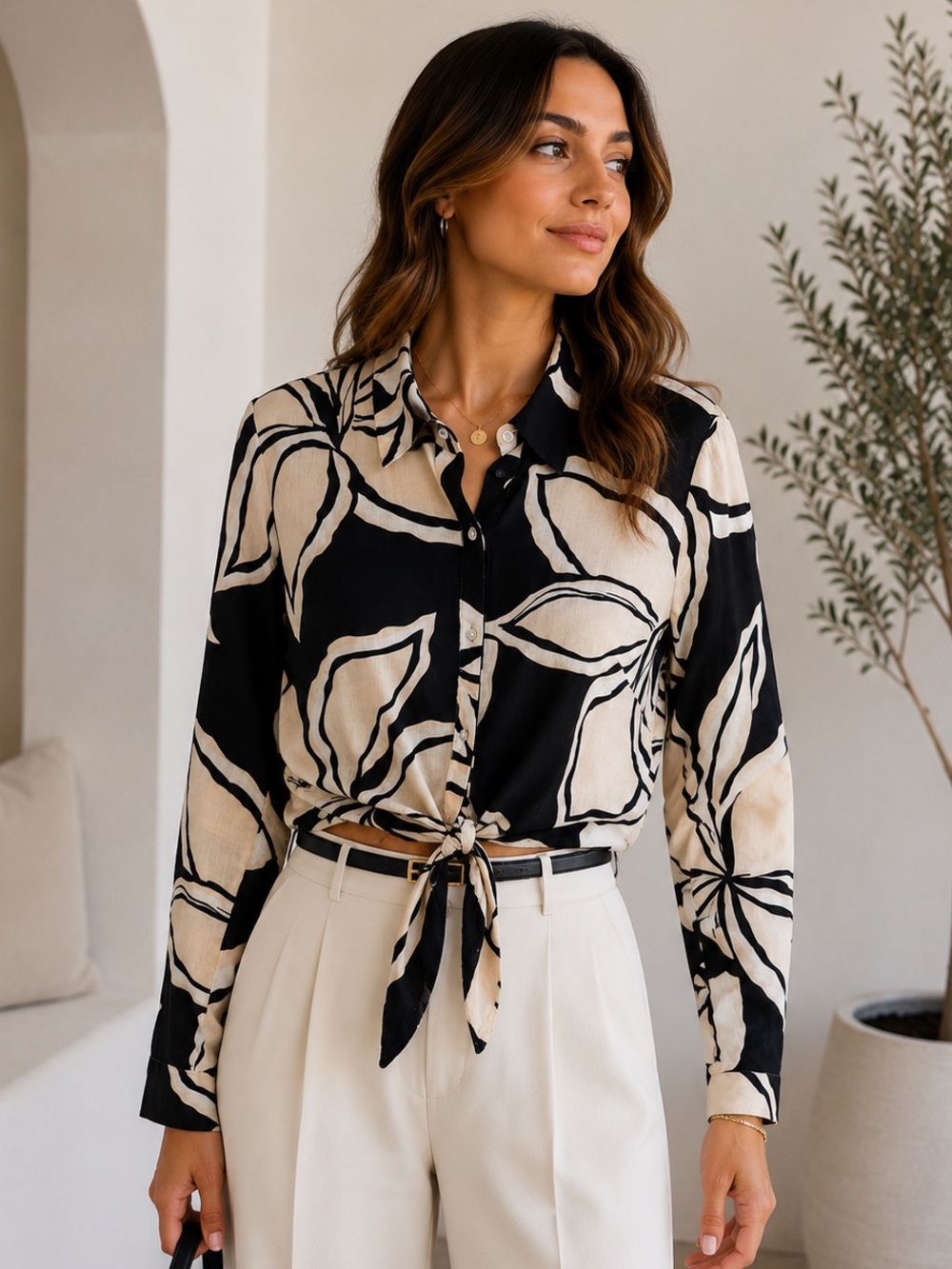 Rachel Zoe Women’s Black Cream Floral Linen Blend Tie Front Cropped Blouse S